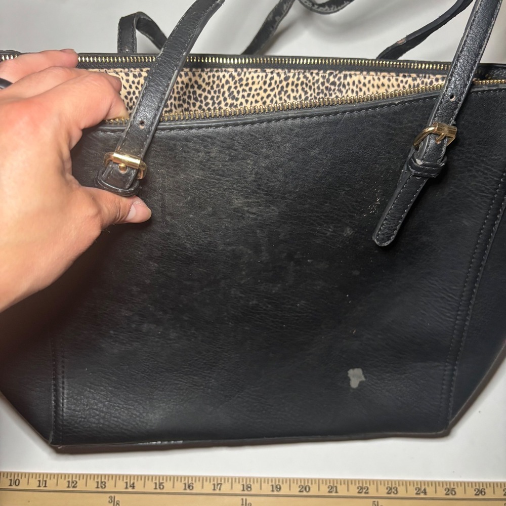 Black Faux Leather Tote Bag Leopard Print Lining Gold Hardware Shoulder Bag